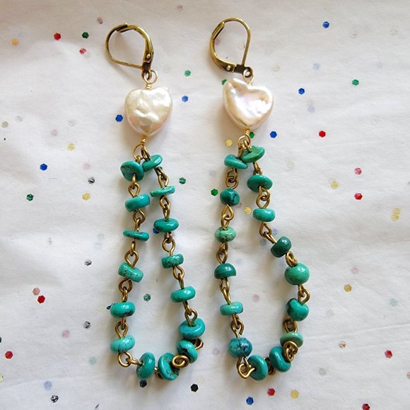 Extasia Jewelry - EXTASIA GENUINE FRESHWATER PEARL HEARTS W/ TURQUOISE LOOP STATEMENT EARRINGS NEW